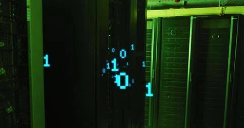 Image of binary coding over server room 库存插图