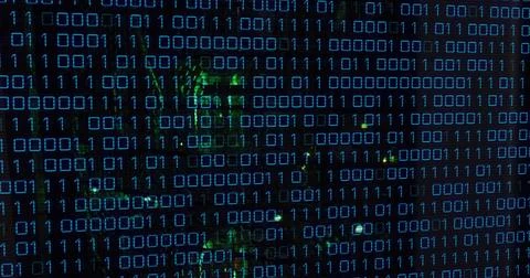 Image of binary coding over server room 库存插图