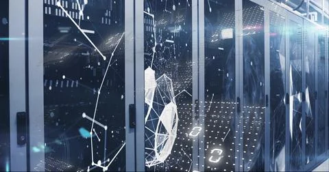 Image of binary coding over shapes and server room Stock-Illustration