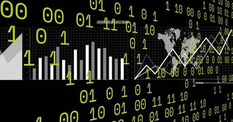 Image of binary coding over statistical data processing against black background 스톡 일러스트