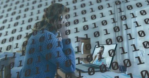 Image of binary coding over teacher using laptop Stock Photos