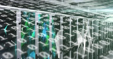 Image of binary coding over tech room with computer servers Stock Illustration