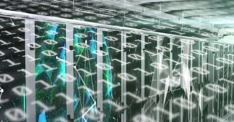 Image of binary coding over tech room with computer servers Stock Photos