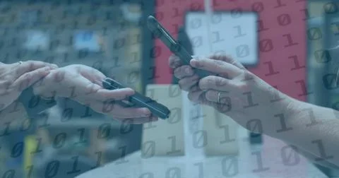 Image of binary coding over two caucasian women using smartphones on climbi.. 스톡 사진