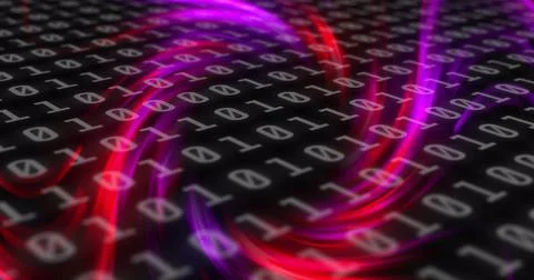 Image of binary coding over vibrant colour neon light trails 스톡 일러스트