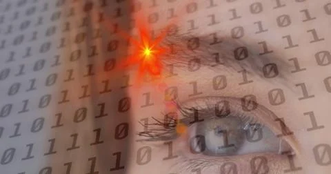 Image of binary coding processing with glowing spot over woman's eye Stock Photos