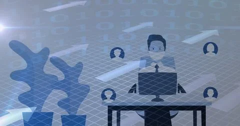 Image of binary coding processing over pictogram of man in face mask using Stock Illustration