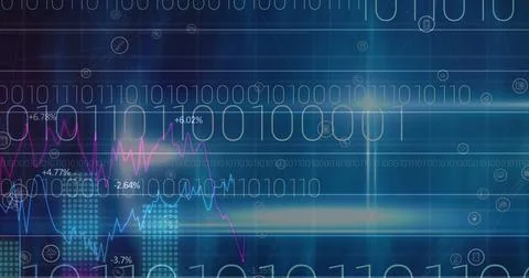 Image of binary coding processing over digital icons Stock Illustration