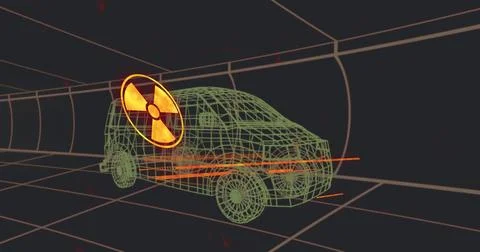 Image of binary coding processing over online icons and spinning status data on Stock Photos