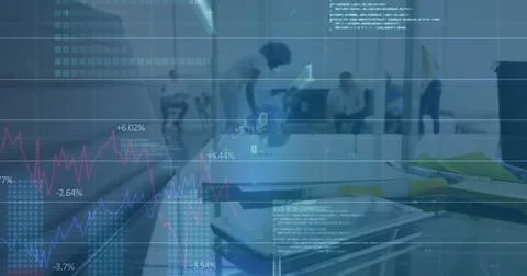 Image of binary coding, statistics and financial data processing over diverse Stock Photos