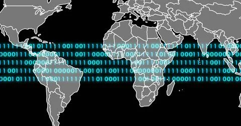 Image of binary coding, world map and data processing over black background Illustrazione stock