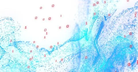 Image of binary data over blue particle network wave on white background Stock Illustration