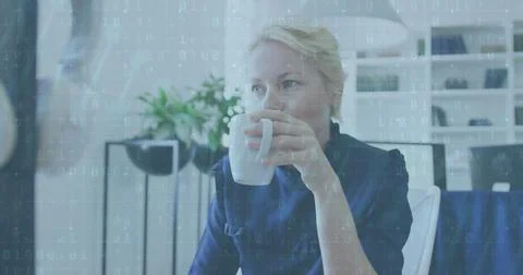Image of binary data processing and caucasian woman in server eye over caucasian Stock Photos