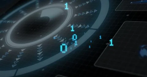 Image of binary data processing over circular scanner on black background Stockillustratie
