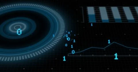 Image of binary data processing over circular scanner on black background Stockillustratie