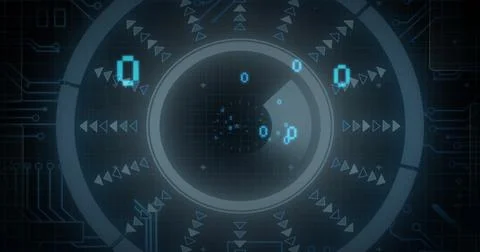 Image of binary data processing over circular scanner on dark background Stock Illustration