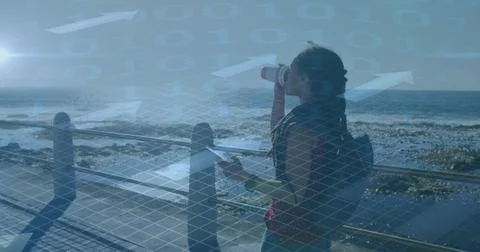 Image of binary data processing over woman walking with smartphone, exercising Stock Photos