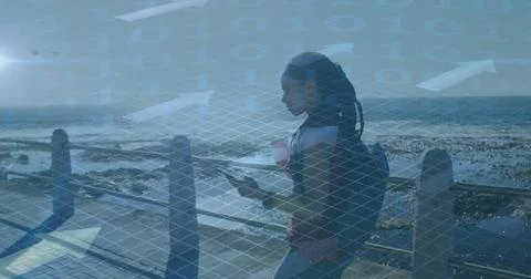Image of binary data processing over woman walking with smartphone, exercising Stockfoto's