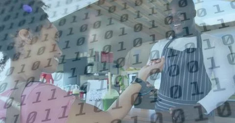 Image of binary data processing over diverse smiling male food vendor serving 库存照片