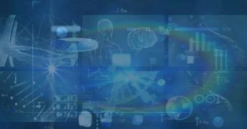 Image of biological data processing on blue digital screen 스톡 사진