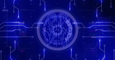 Image of biometric brain, digital data processing over circuit board Illustrazione stock