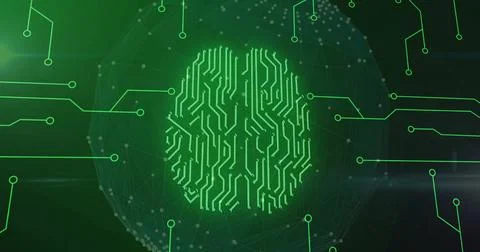 Image of biometric brain, digital data processing over circuit board Illustrazione stock