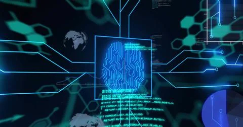 Image of biometric with computer language, hexagons, globe and graphs Stock Photos