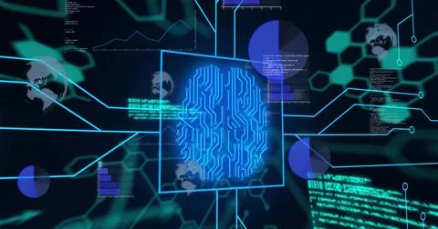 Image of biometric with computer language, hexagons, globe and graphs Stock Photos