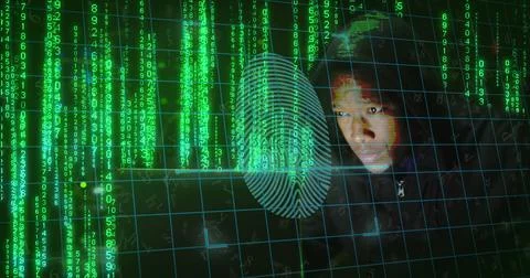Image of biometric fingerprint and binary coding over african american man using Foto stock