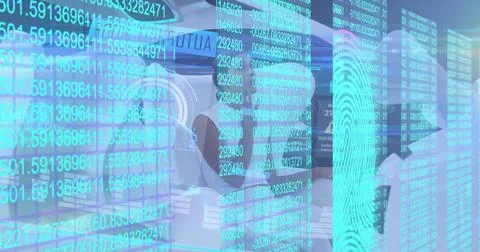 Image of biometric fingerprint and data processing over woman in self drive car Stock Illustration