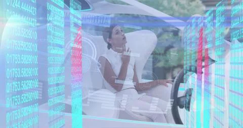 Image of biometric fingerprint and data processing over woman in self drive car Stock Photos