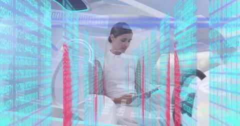 Image of biometric fingerprint and data processing over woman in self drive car Foto stock