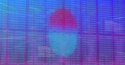 Image of biometric fingerprint and digital data processing over screens Foto stock