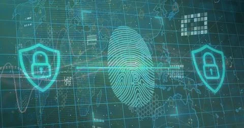 Image of biometric fingerprint with data processing over dark background Stockfoto's