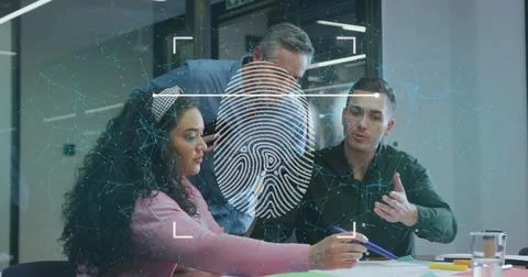 Image of biometric fingerprint data processing over diverse business people in Stock Photos