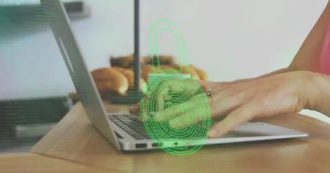 Image of biometric fingerprint padlock, data processing over woman using laptop Foto stock