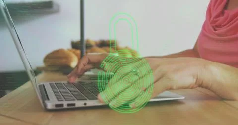 Image of biometric fingerprint padlock, data processing over woman using laptop 스톡 사진