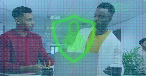 Image of biometric fingerprint, padlock, data processing over diverse business Stock Photos