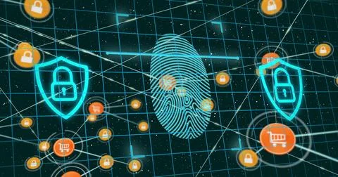 Image of biometric fingerprint, padlocks, data processing over network of c.. 스톡 사진