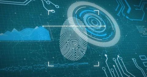 Image of biometric fingerprint scanner over interface with data processing on Stock Illustration