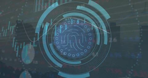 Image of biometric fingerprint scanner over stock market data processing against Ilustração Stock