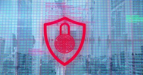 Image of biometric padlock and data processing over cityscape Foto stock