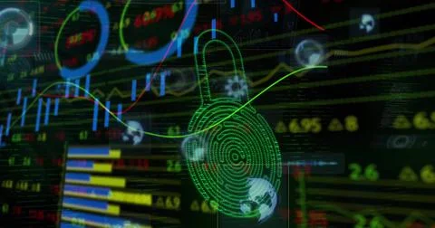 Image of biometric padlock and data processing Stock Photos