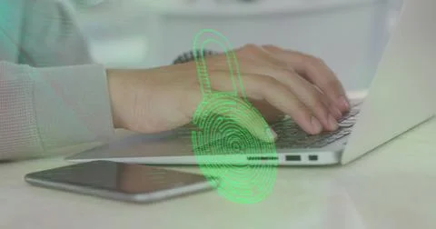 Image of biometric padlock, data processing over man using laptop 写真素材