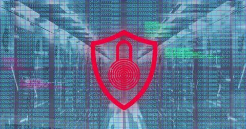 Image of biometric padlock, data processing over computer servers 写真素材