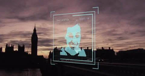 Image of biometric photo and data processing over london cityscape Stock Photos