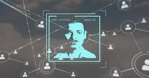 Image of biometric photo and network of connections with icons over clouds Stock Illustration