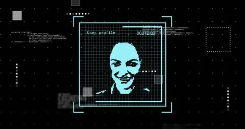 Image of biometric photo with data processing over black background Stockfoto's