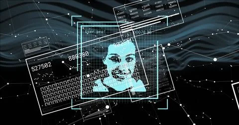 Image of biometric photo, digital data processing over screens and connections Stock Photos