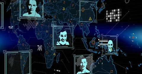 Image of biometric photos, data processing over world map on dark background Stockfoto's